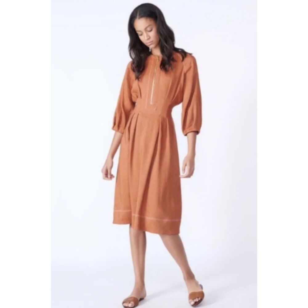 Veronica Beard Claudia Terracotta Linen Blend Zip Front Midi Dress 6